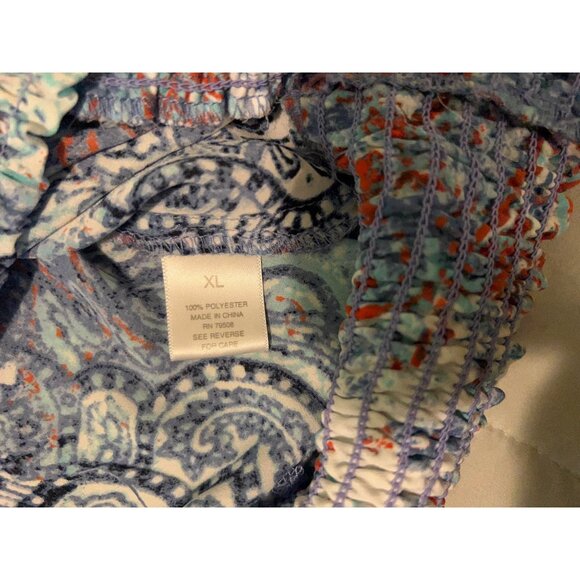 Roz & Ali XL Boho Paisley Blouse Womens Peasant Top Sheer 3/4 Sleeve Blue Orange - Picture 7 of 12